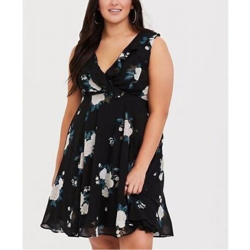 NEW Torrid Floral Chiffon Skater Dress Black Lace Up Back Ruffle Size 14 Whimsy